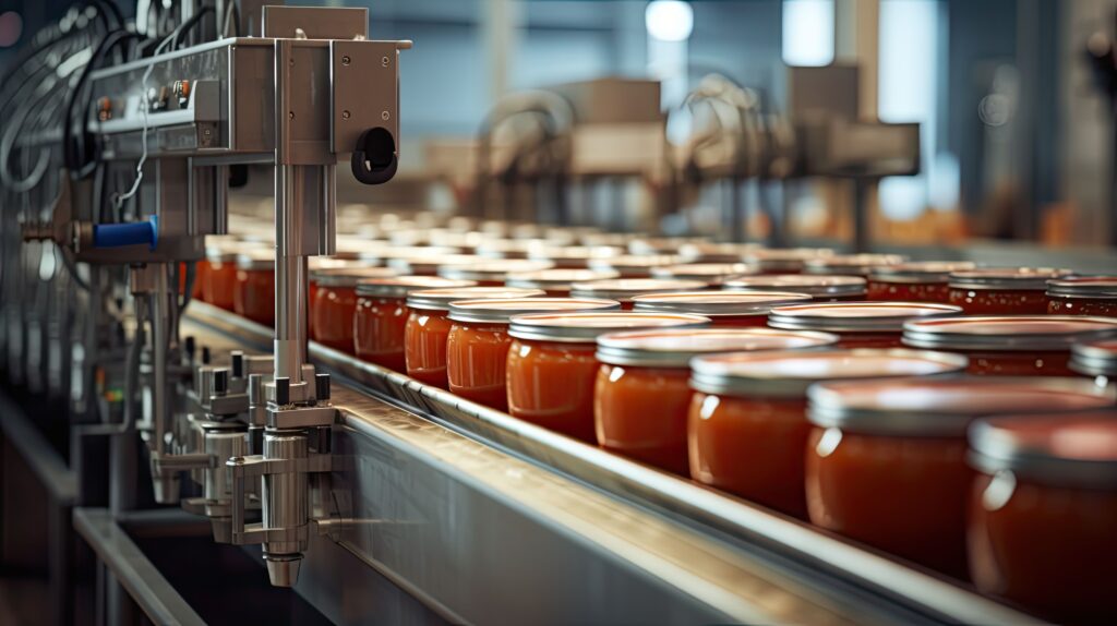 Food processing plant packaging food into food-grade glass jars.