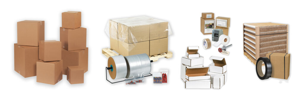 Various types of shipping boxes and shipping supplies.