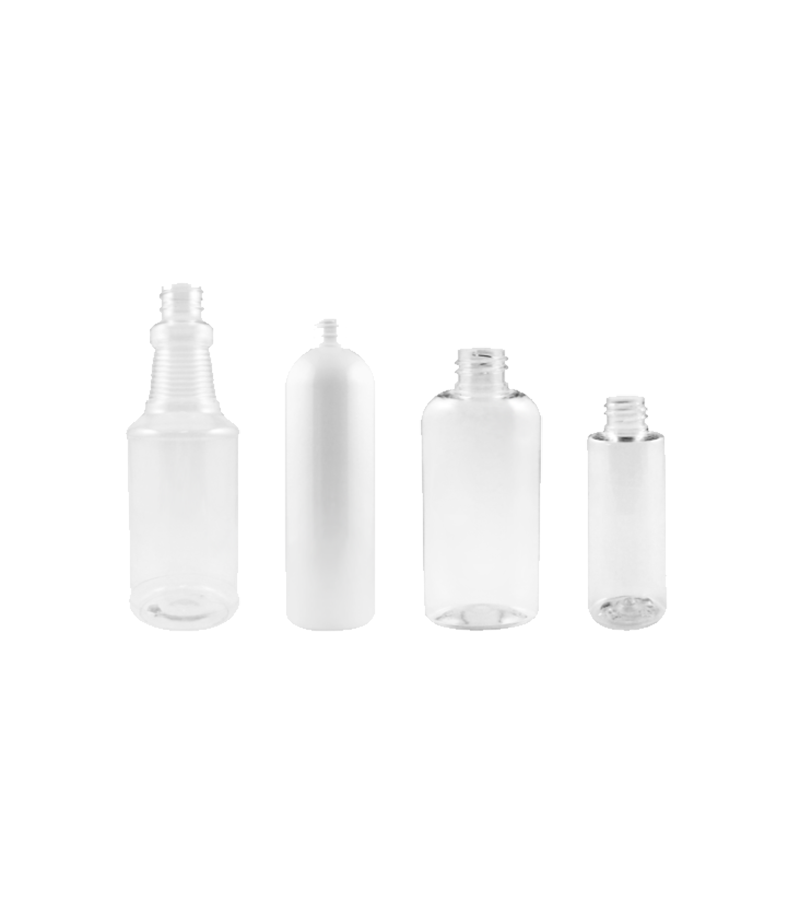 4 plastic PET bottles in various shapes and sizes.
