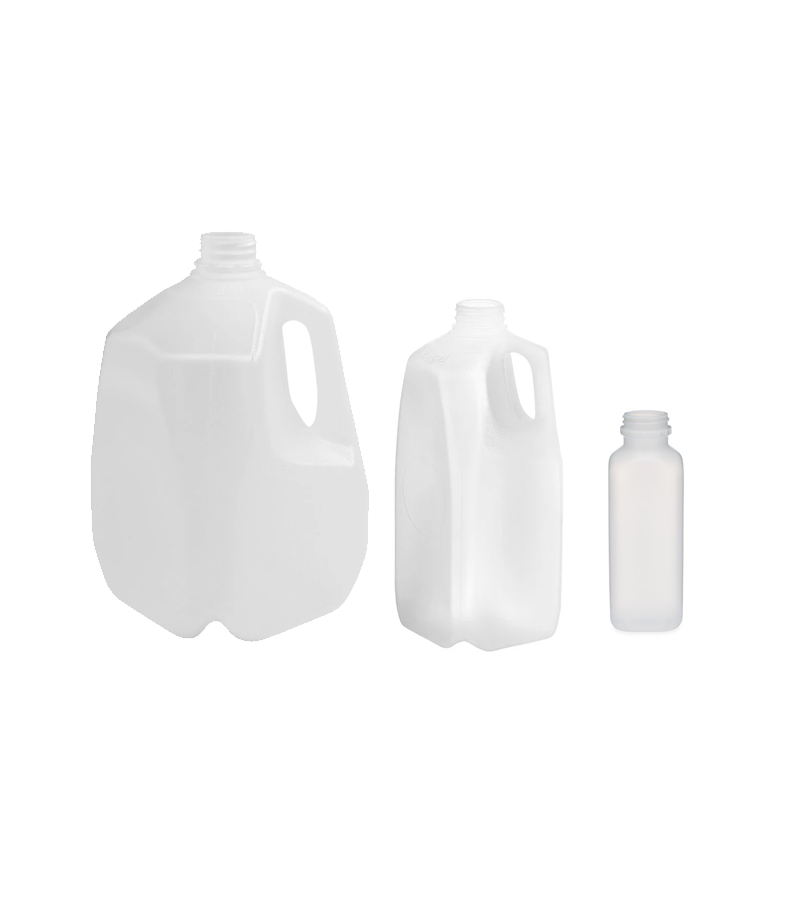 Three sizes and shapes of HDPE dairy & juice bottles, used in beverage and cream packaging.