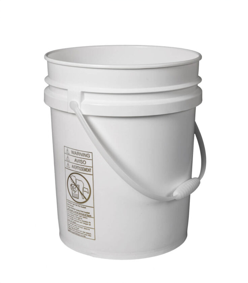 White open-top plastic pail, designed for storing and transporting bulk materials, food, chemicals, and other heavy-duty products.