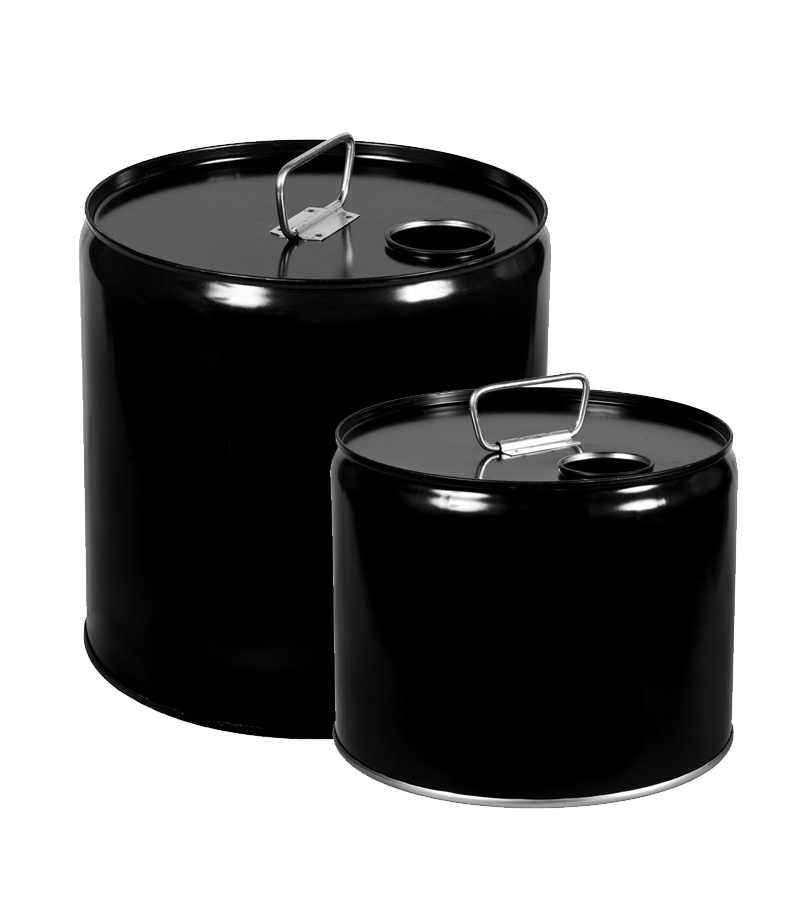 Two sizes of metal tight head containers, used for packaging for a variety of liquids, including chemicals, oils, and industrial products.