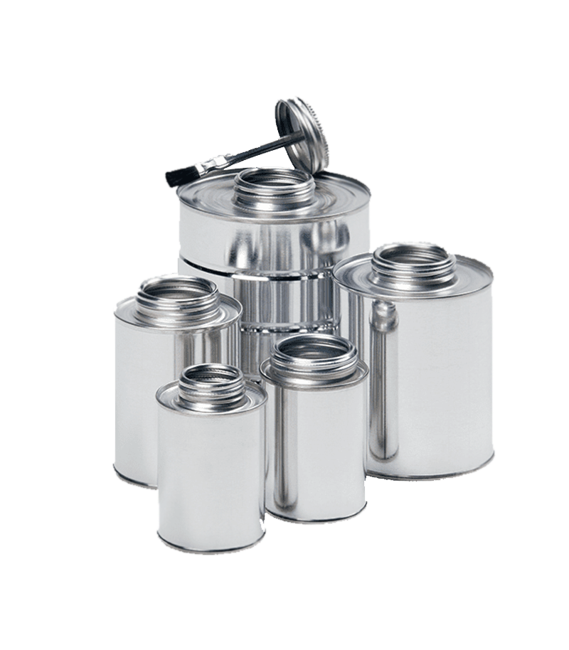 Various sizes of monotop cans, used for packaging products like paints, coatings, and adhesives.