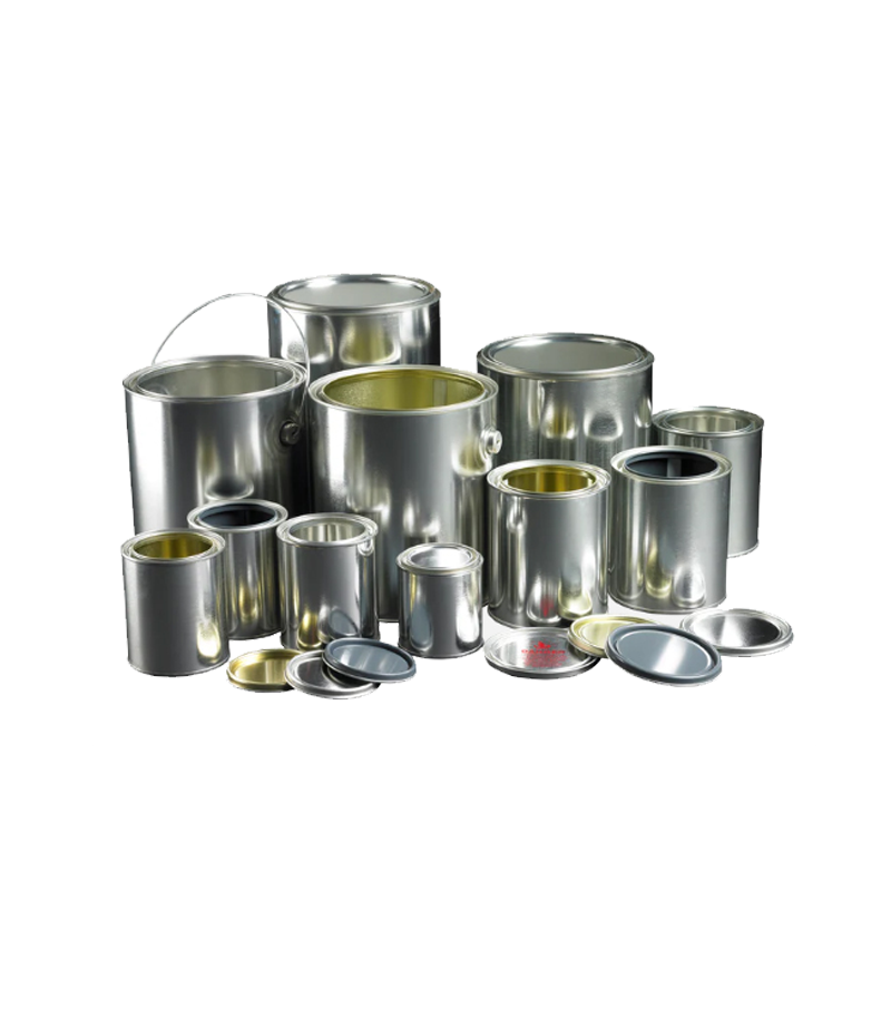 Various sizes of tinplate and steel paint cans.