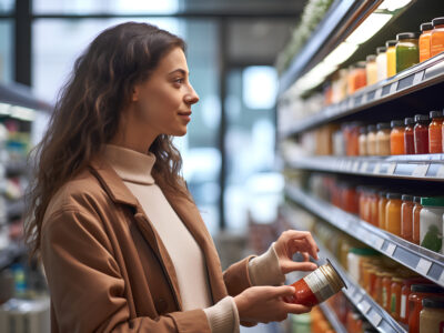 A woman comparing products in the store demonstrating the role product packaging plays in how consumers choose products.