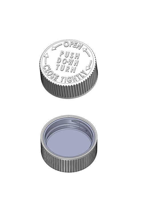 A child-resistant container cover showing the top with instructions and bottom or inside view of the grooves that form the seal.