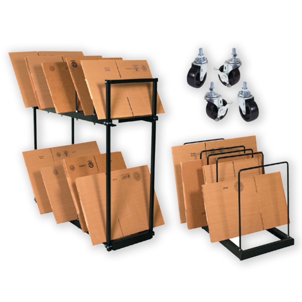 Carton stands and cart wheels, used in storing packaging supplies.