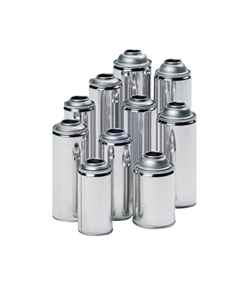 A variety of sizes of aerosol cans made from aluminum and tinplate, used to package personal care items, household cleaners, automotive products, and industrial sprays.
