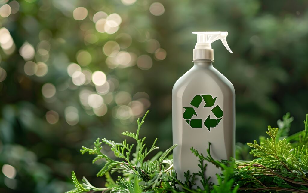 A plastic spray bottle with a recycling logo indicating sustainable packaging.