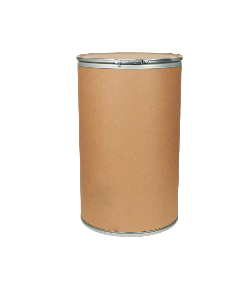 Fiber drum used in packaging products including powders, granules, and semi-liquid materials.