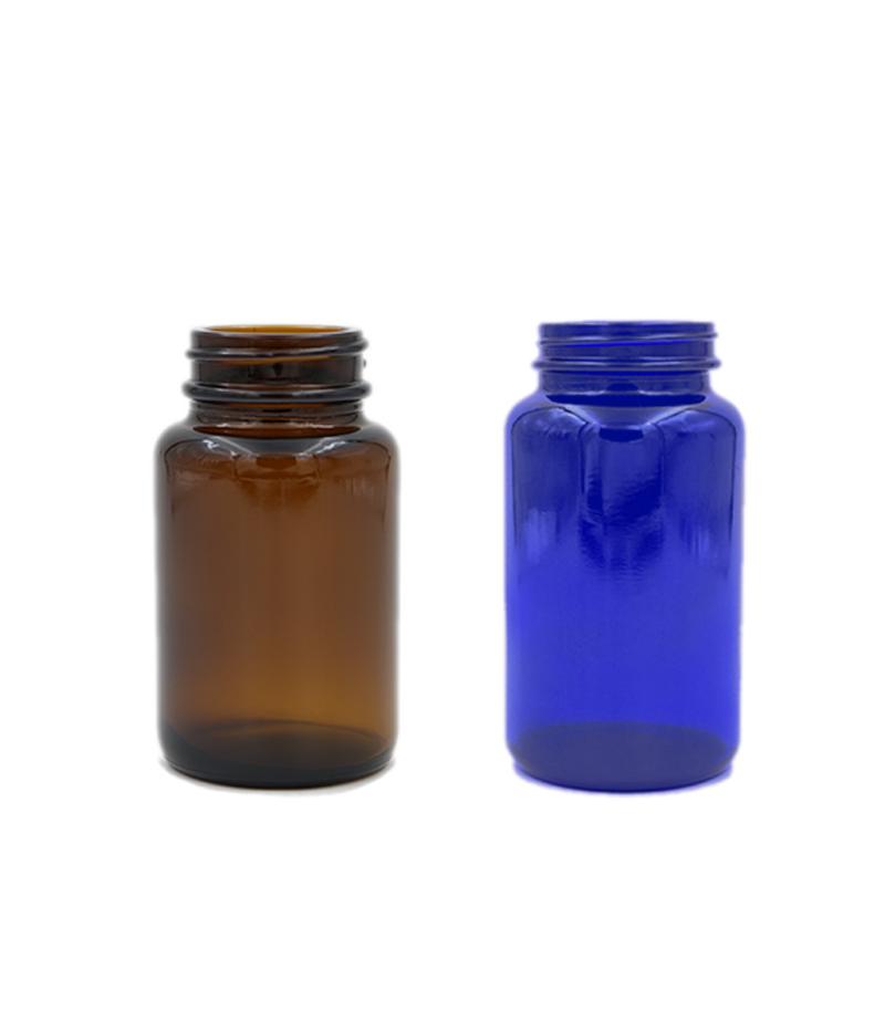 Two wide mouth glass packers used to package pharmaceuticals, vitamins, supplements, and a variety of other products that require a wide opening for easy access.
