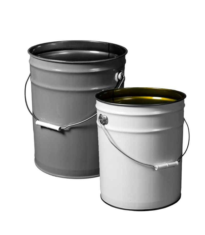 Two metal open top pails, designed to provide reliable packaging for a variety of industrial and commercial uses.