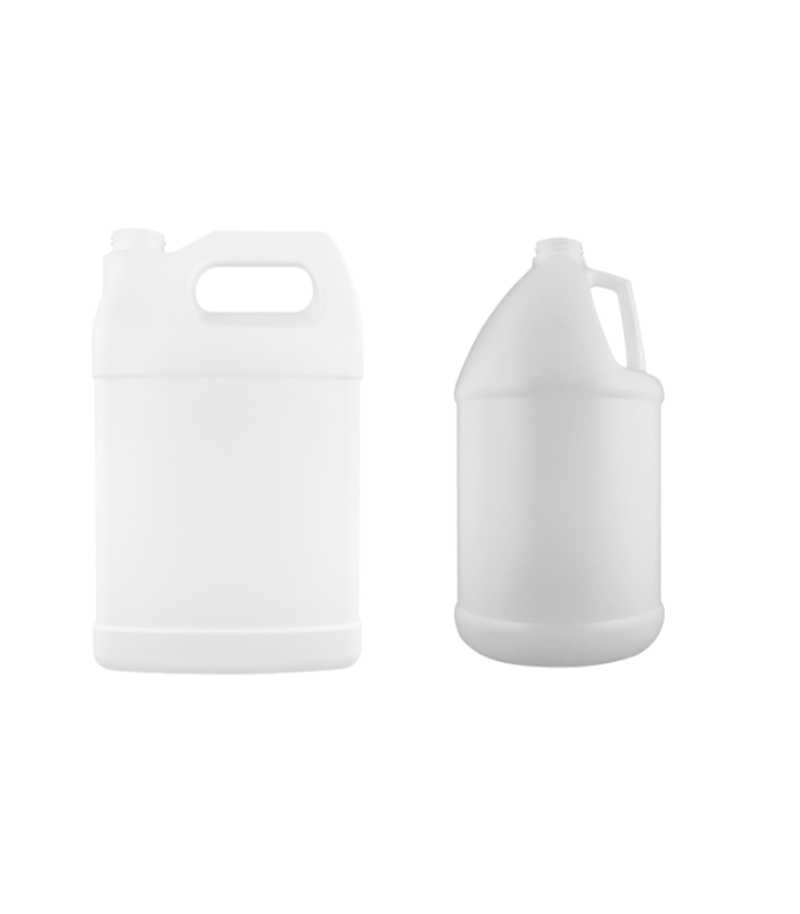 Examples of industrial round and F-style bottles, used for storing and transporting chemicals, lubricants, and other heavy-duty liquids.