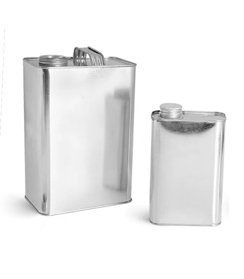 Examples of F-style and oblong metal containers, used for packaging chemicals, solvents, oils, and automotive products.