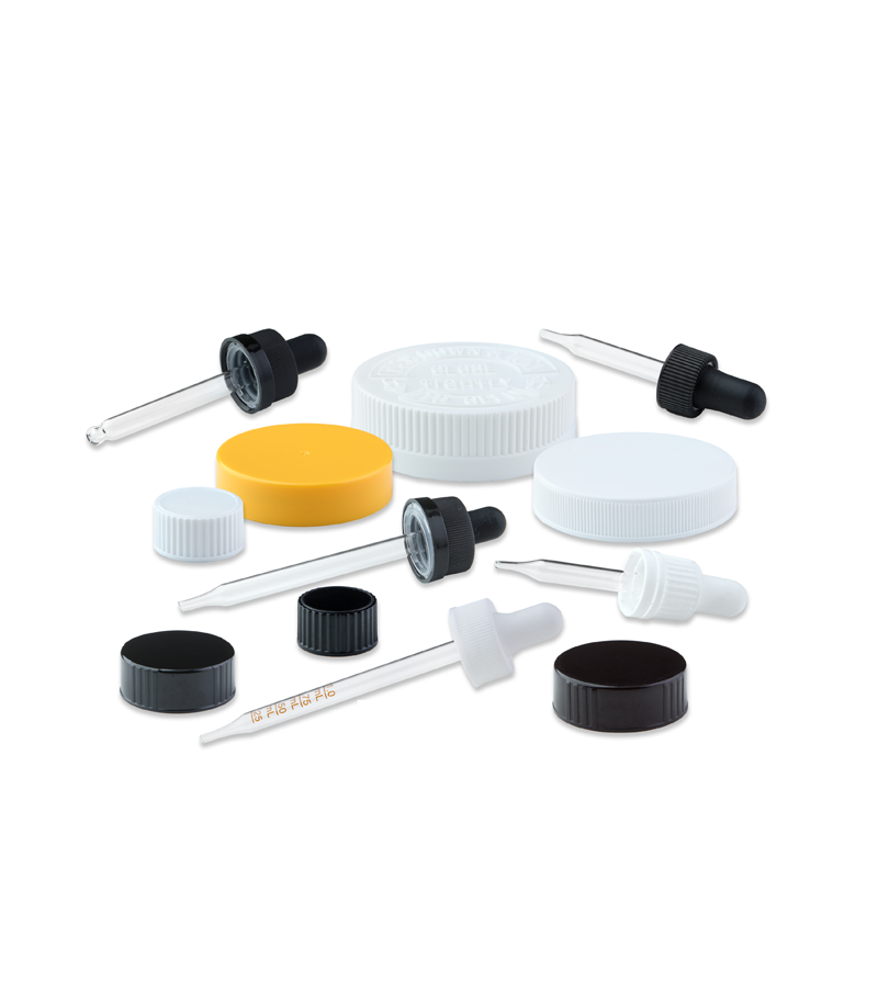 Display of various sizes and types of glass droppers used as closures in packaging pharmaceuticals, essential oils, tinctures, and cosmetic products.