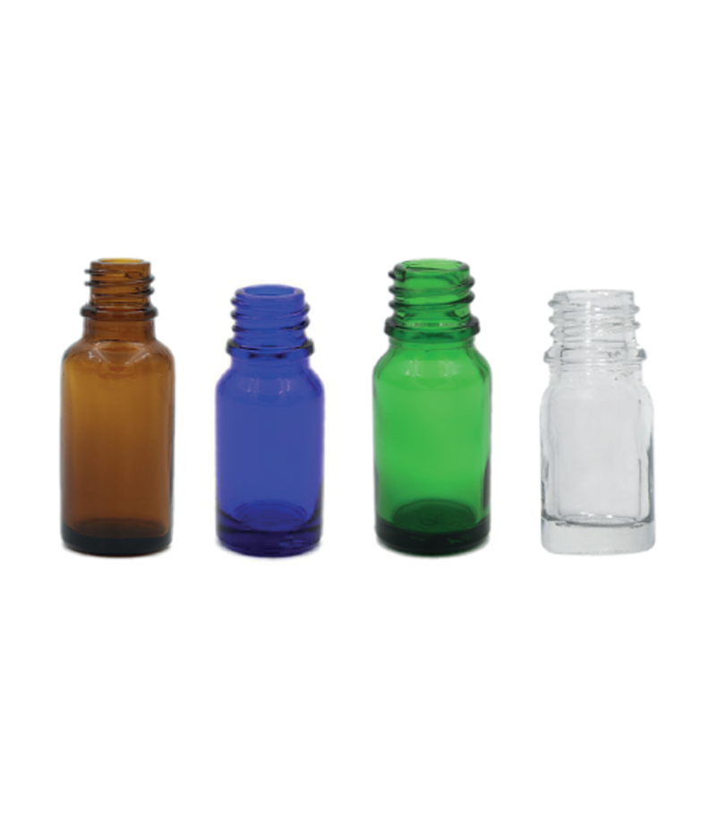Various types and sizes of Euro round glass bottles used in packaging oils, pharmaceuticals, cosmetic products, and gourmet food products.