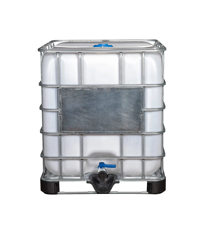An IBC plastic tote, used for large-scale storage and transportation of liquids and bulk materials across various industries.