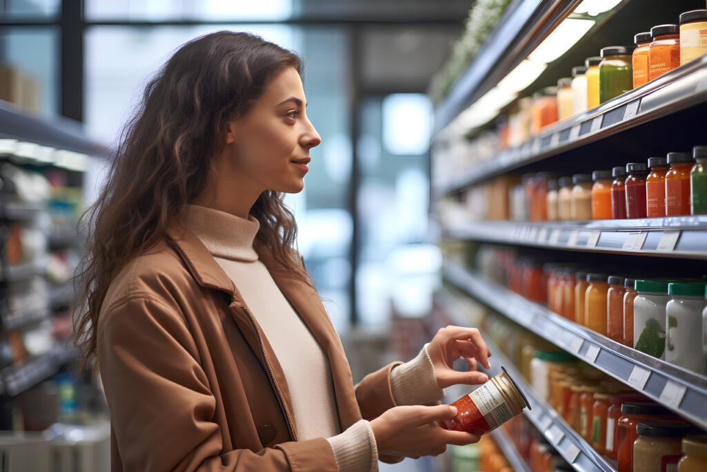 A woman comparing products in the store demonstrating the role product packaging plays in how consumers choose products.
